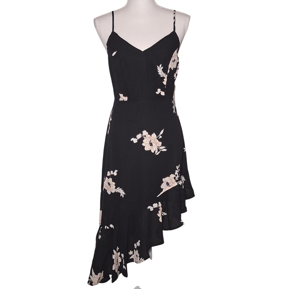 NWT Lulus‎ Black Floral Asymmetrical Ruffle Midi Dress S Wedding Guest V-Neck